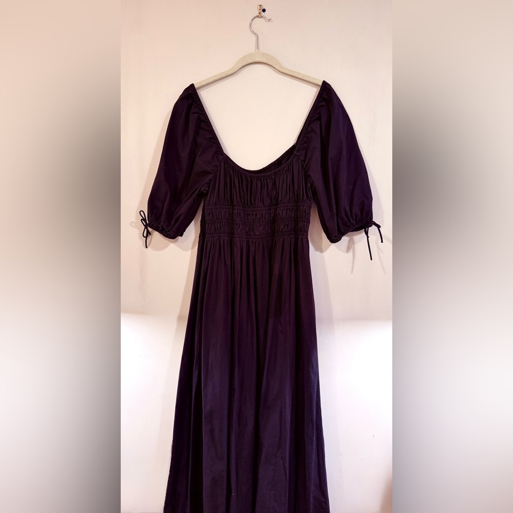 STAUD Black Puff Sleeve Maxi Dress – Smocked Empire Waist Cotton Poplin, Large - Picture 7 of 9